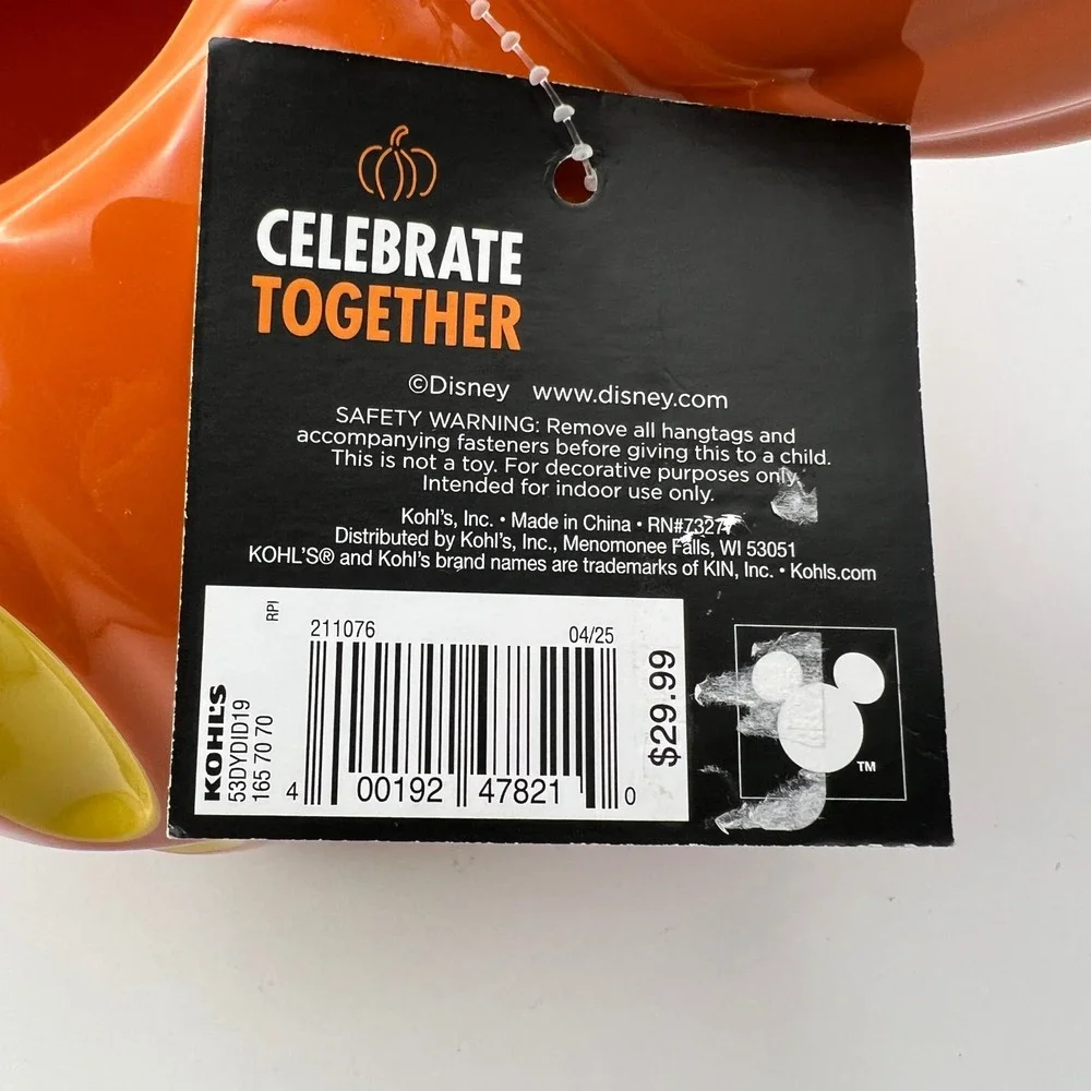 Disney Mickey Mouse Halloween Pumpkin Decorative Vase Orange Ceramic Kohl's NEW